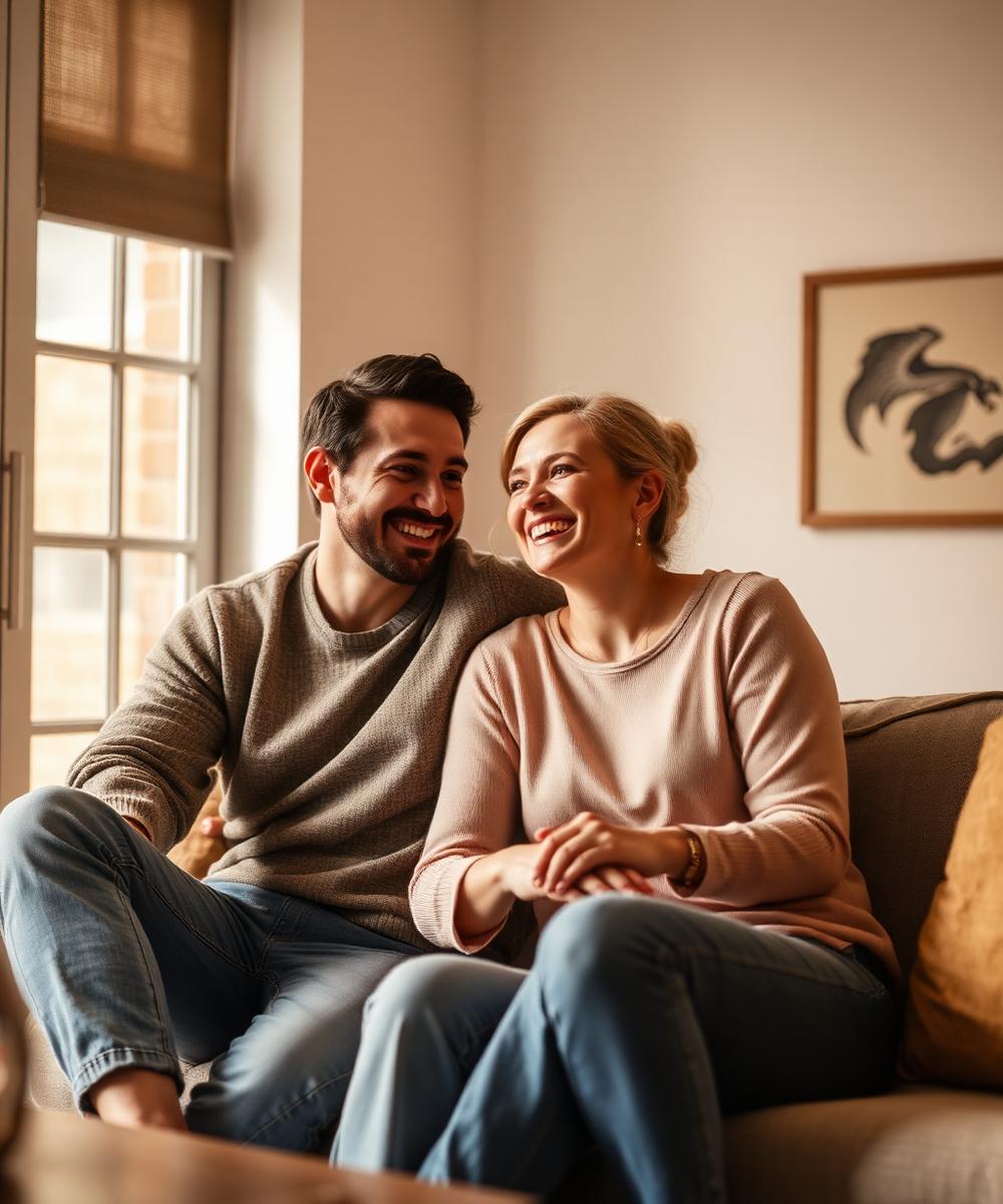 A happy couple laughing together