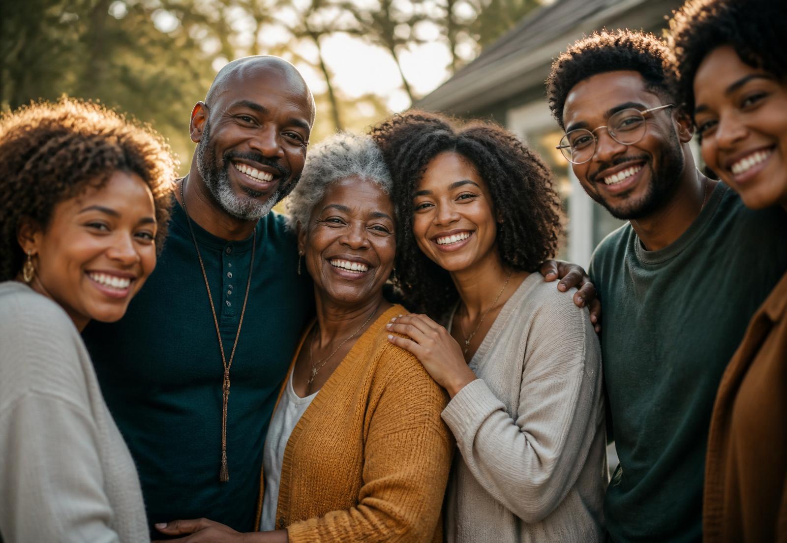 A joyful, diverse multi-generational group standing together