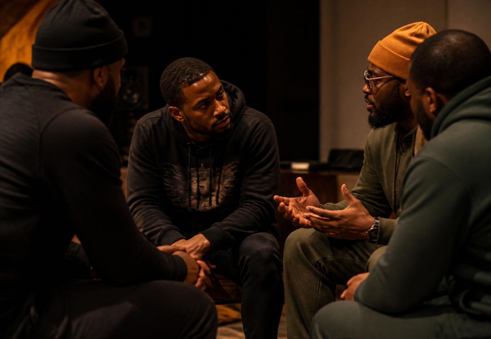 A small circle of men in meaningful conversation