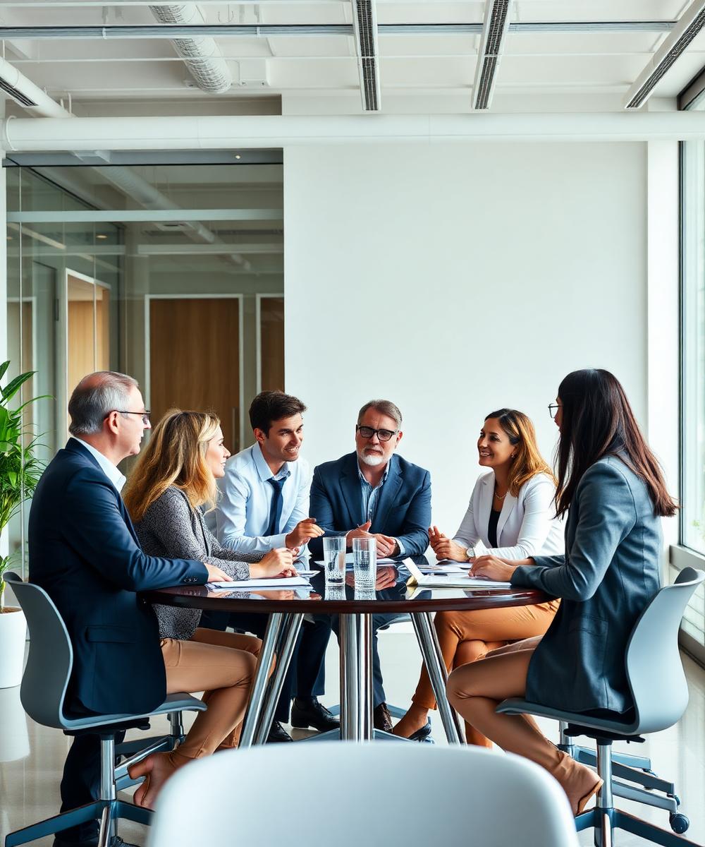 A diverse business team collaborating in a modern office