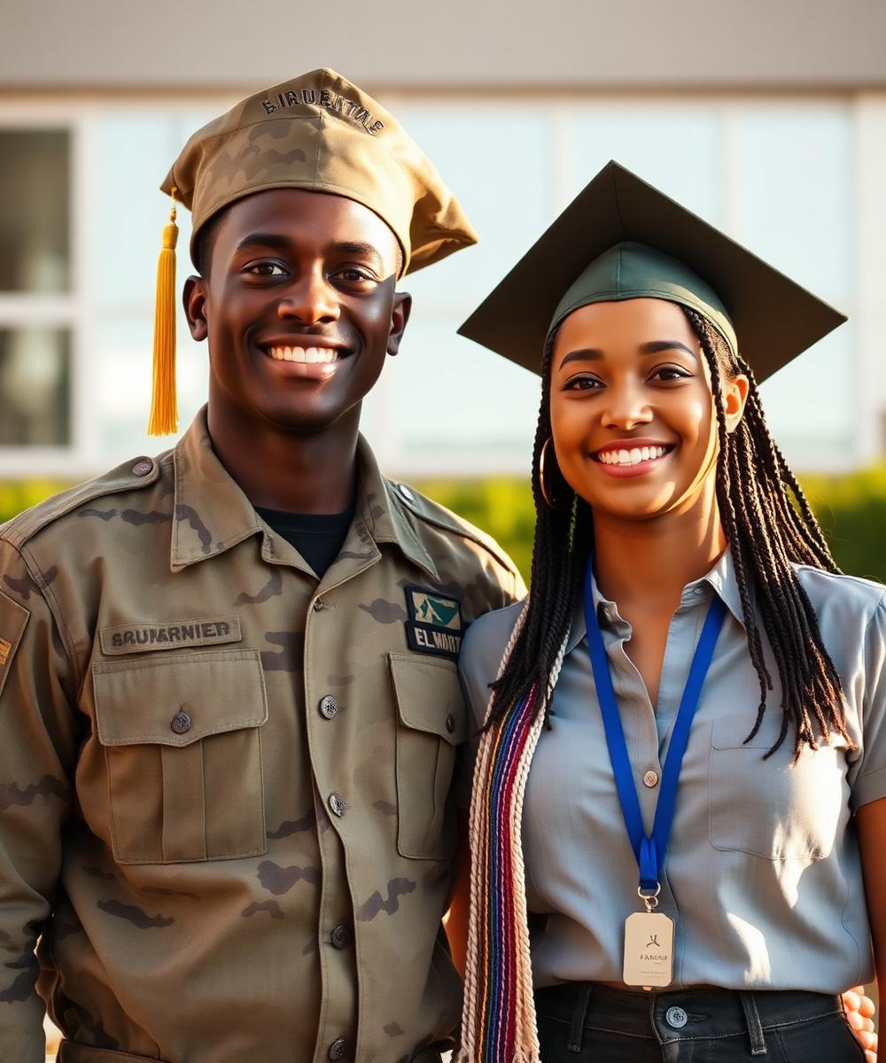 A veteran and a graduate standing together proudly